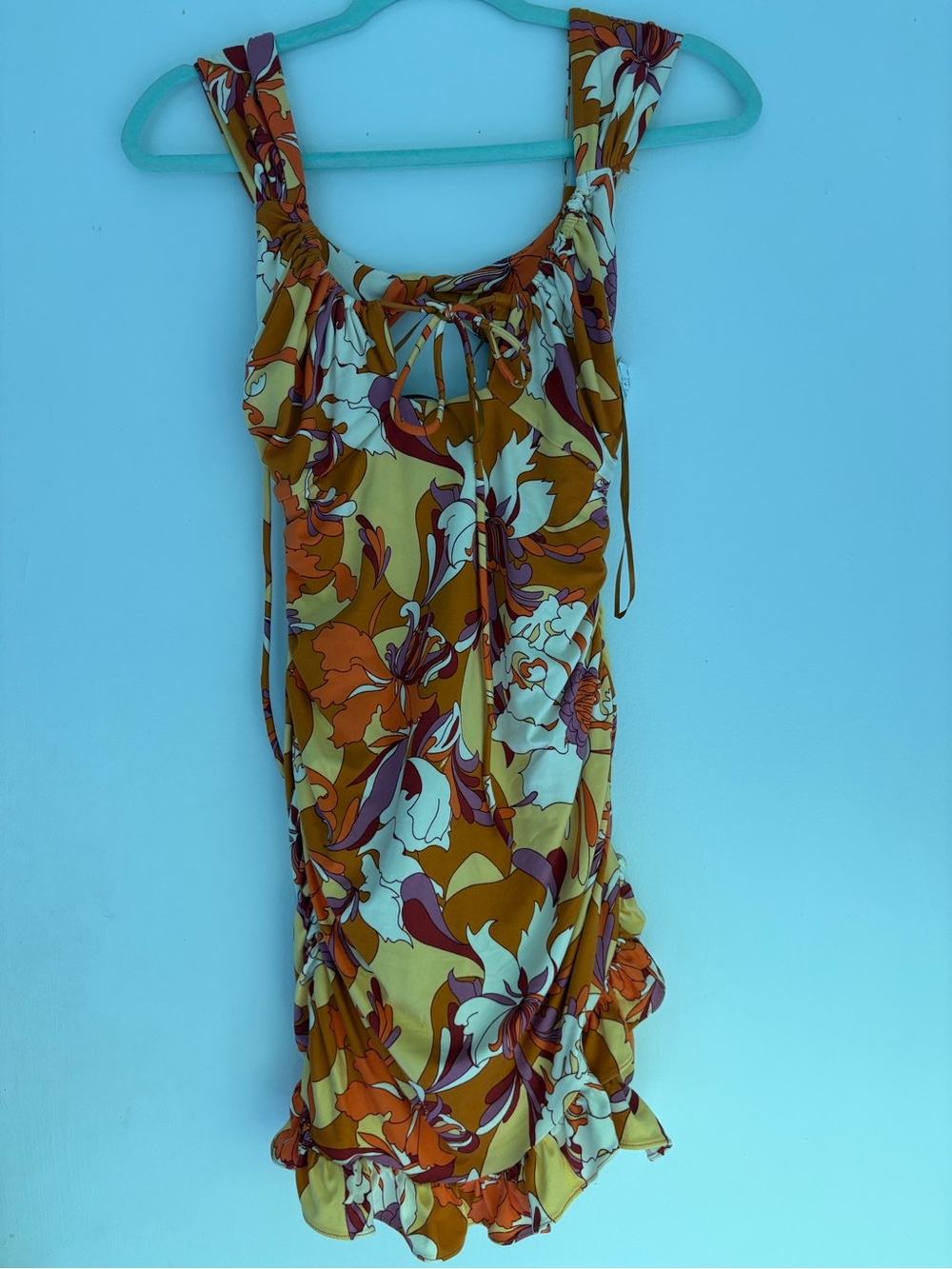 Urban Outfitters Floral Asymmetrical Dress in Mustard, Orange, Cream, Burgundy
